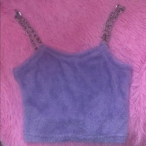 Purple faux fur crop top with chain detail